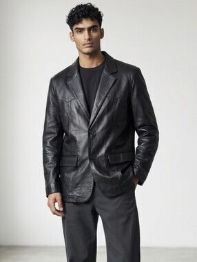 Black Leather Blazer Sleek Minimalist Classic Two-Button Jacket/ Blazer Sz 46